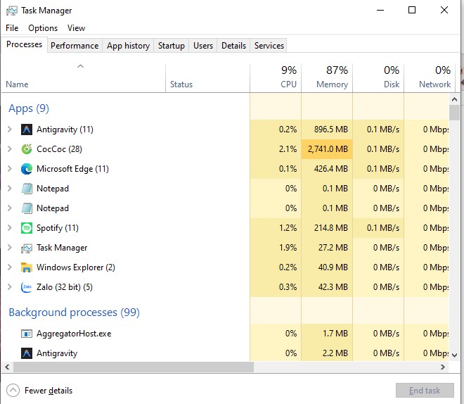 Hình ảnh Task manager về RAM và SSD