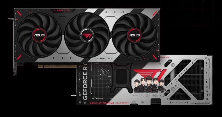 Card đồ họa Asus T1 GeForce RTX 5070 Edition với thiết kế đen trắng đỏ, logo T1 và tản nhiệt Axial-tech