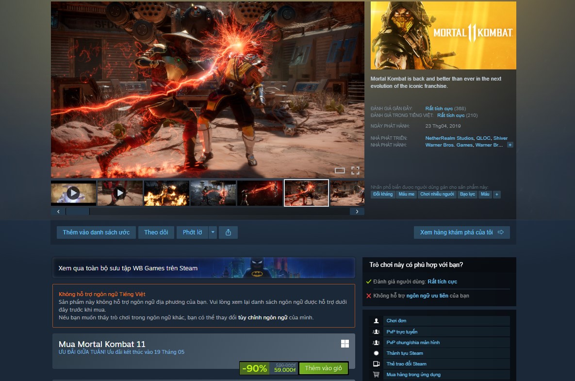 GIá sale của Mortal Kombat 11 chỉ còn 59k theo giá VN
