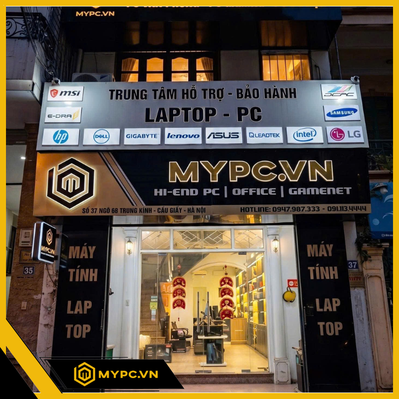Hình ảnh mặt tiền showroom MyPC tại 37 Ngõ 68 Trung Kính, Cầu Giấy, Hà Nội. MyPC chuyên cung cấp PC Gaming, PC Workstation, Laptop, linh kiện máy tính, dịch vụ setup phòng livestream, studio bán hàng, phòng live idol và lắp đặt phòng net trọn gói với đội ngũ kỹ thuật giàu kinh nghiệm.