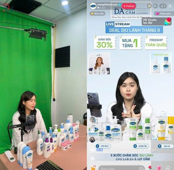 Hình ảnh phòng livestream bán hàng sử dụng phông xanh, điện thoại và hệ thống sản phẩm trưng bày, giúp tạo background chuyên nghiệp và làm nổi bật sản phẩm khi phát trực tiếp.