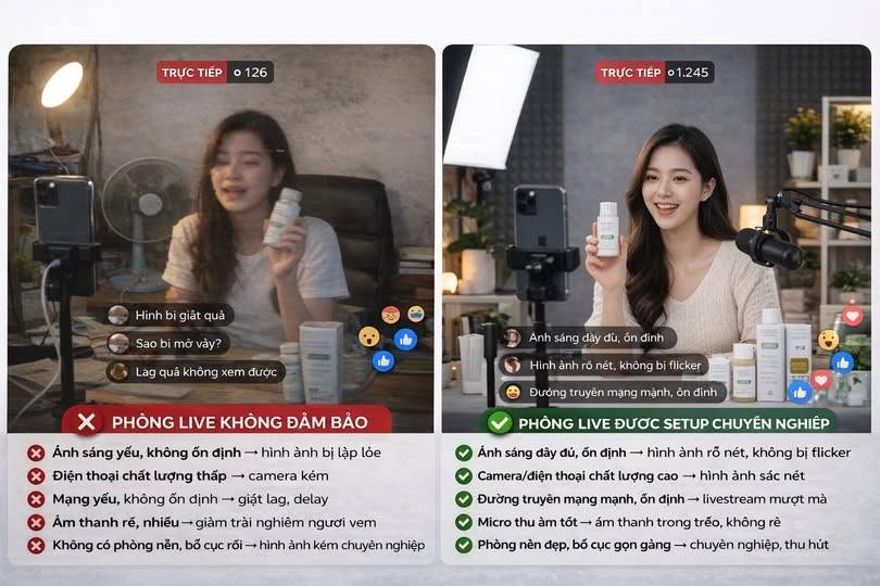 So Sánh Livestream Thiếu Ánh Sáng Và Setup Livestream Chuyên Nghiệp