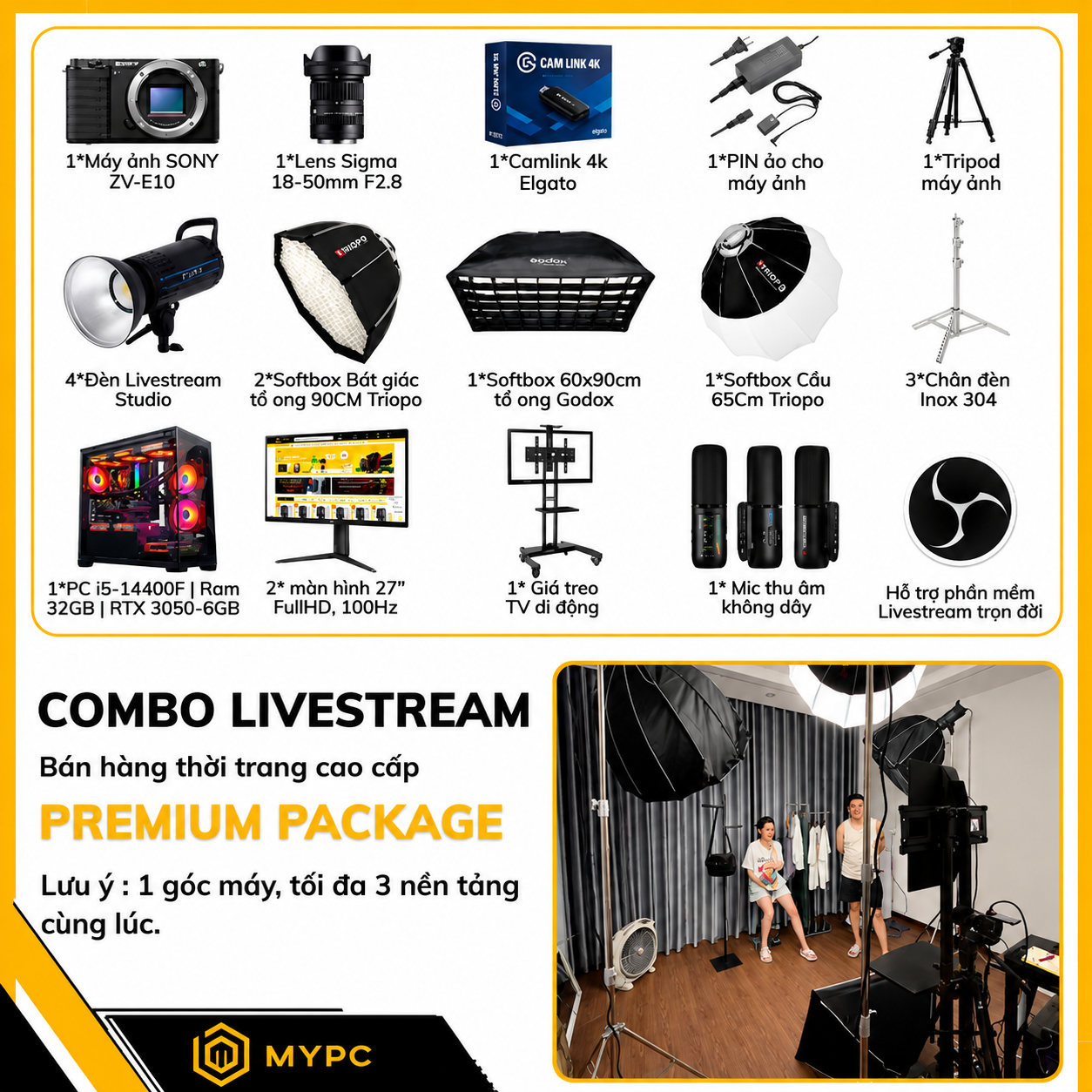 Combo Livestream Premium Package dành cho bán hàng thời trang cao cấp, trang bị máy ảnh Sony ZV-E10, lens Sigma, Cam Link 4K, hệ thống đèn, PC và micro chuyên nghiệp.