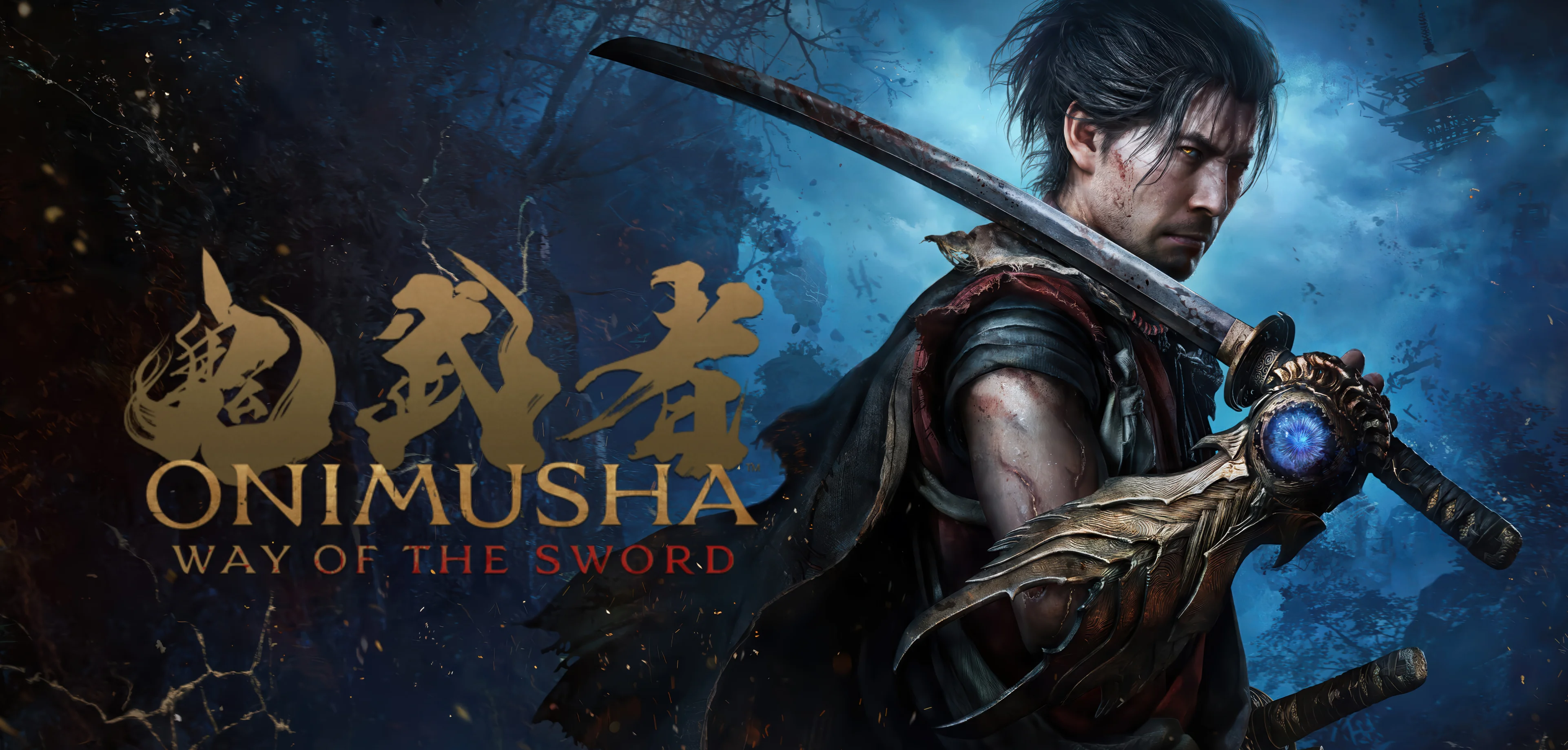 Hình ảnh chính thức Onimusha: Way of the Sword với Miyamoto Musashi cầm kiếm và Oni Gauntlet trong bối cảnh Kyoto u tối.
