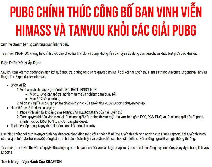 thông báo chính thức của KRAFTON