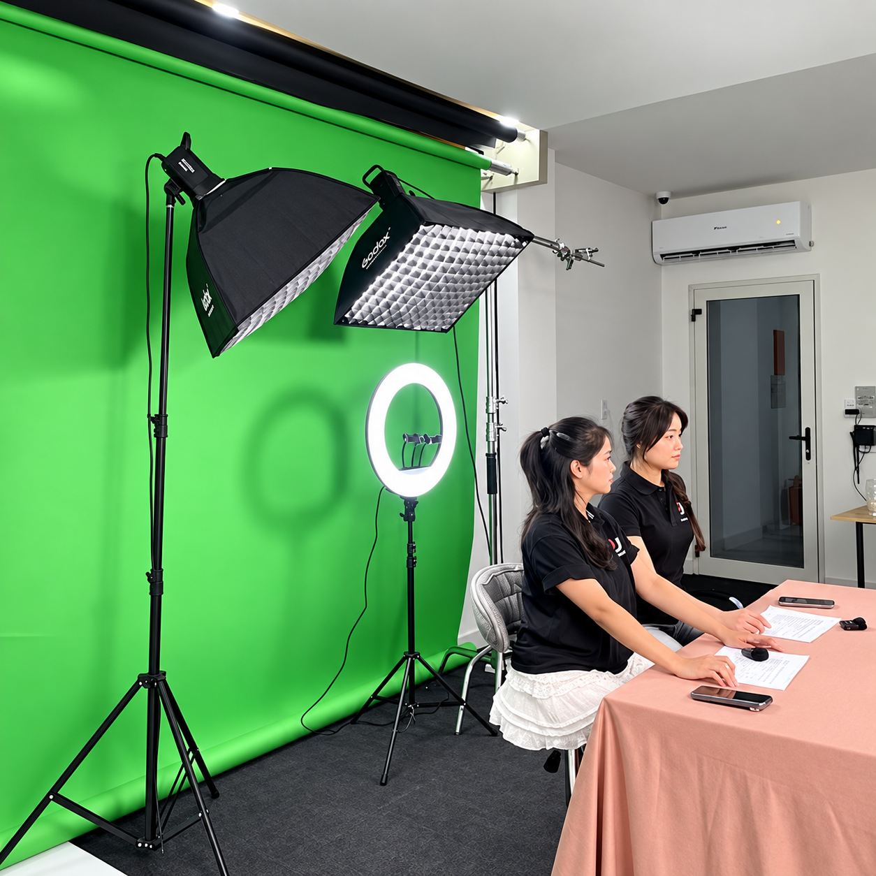 Setup Đèn Livestream Phông Xanh Với Softbox Và Ring Light